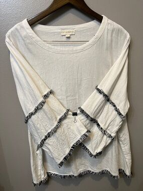Cynthia Rowley Linen Blend Long Sleeve Top with Black Fringe Trim 1X